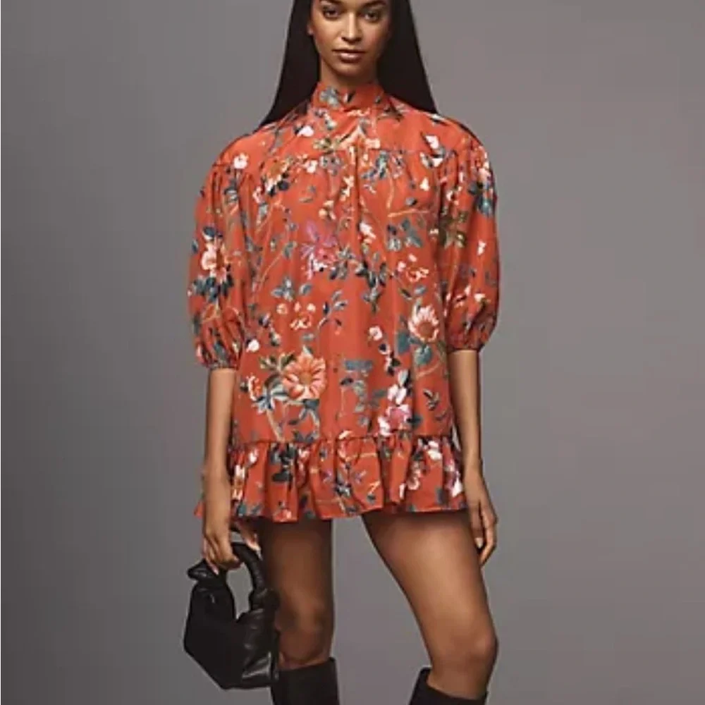 Anthropologie Red Floral Puff Sleeve Mini Dress Small - Picture 2 of 9